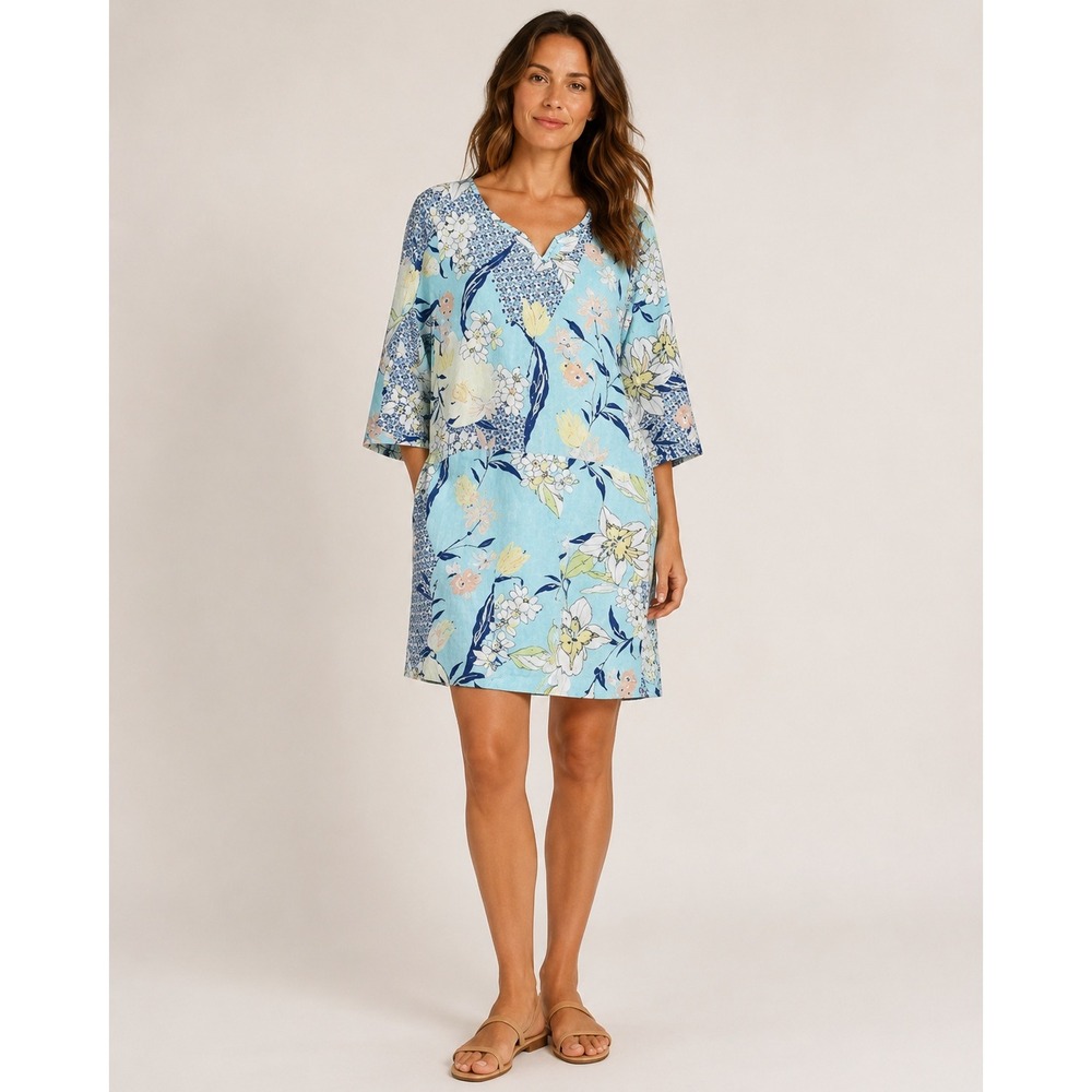 Malvin Blue Floral Linen Shift Dress Womens M Cottagecore Pockets
